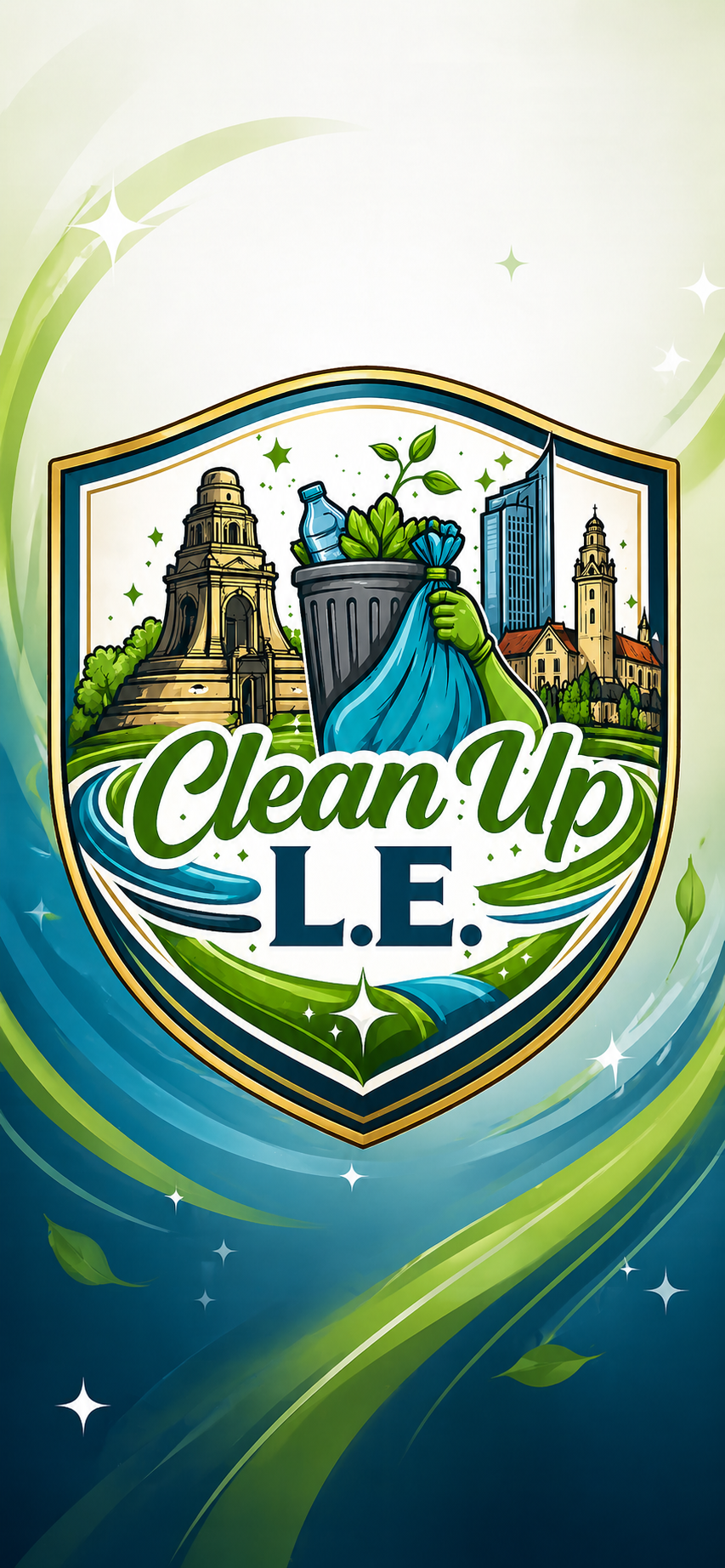 Original Clean Up L.E. Logo mit Leipziger Wahrzeichen und Reinigungsmotiven